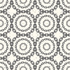 Seamless geometric chain pattern with circles of differesnt size on white textured background. Stainless steel and background wit