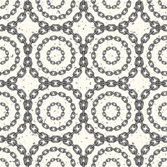 Seamless geometric chain pattern with circles of differesnt size on white textured background. Stainless steel and background wit