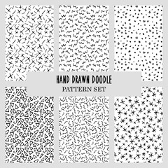 Collection of swatches doodles seamless patterns. Trendy Black and white hand drawn mosaic textures. For wrapping, print fabric. Digital paper