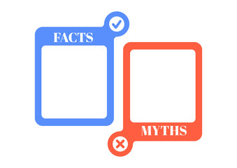 Myths and facts check list vector set. True or fiction infographic badge blank with check mark and cross in circle isolated on white background. Flat design fake and good news template illustration.