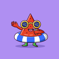 Watermelon cartoon character with legs and hands using glasses and inflantable ring, Cartoon watermelon in summer holiday, vector cartoon illustration