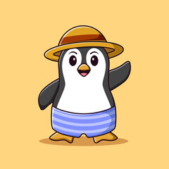 Cute cartoon penguin in summer holiday, vector cartoon illustration