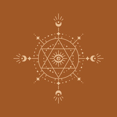 Spiritual boho logo. Sacred mystical symbol with stars, eye, moons. Isolated vector illustration. Design element for magic, esoteric, celestial, astrology, astronomy, etc.