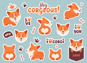 Corgi sticker set. Funny puppies, hand drawn lettering and other elements - bone, crown, footprint, etc. Different poses - dog is standing, running, sitting in a pocket, back view of cute butt. Vector
