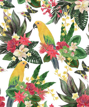 Watercolor painting seamless pattern with parrots and tropical leaves, plumeria, hibiscus, orchid flowers