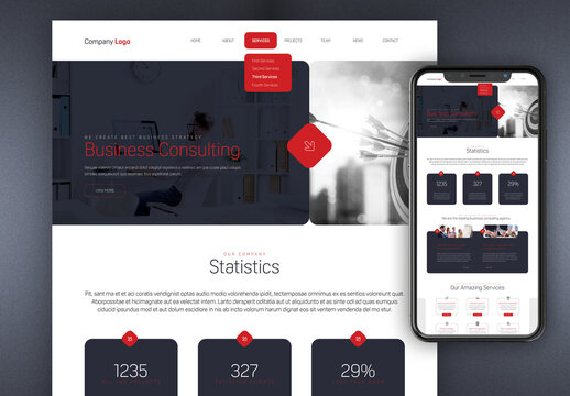Business Presentation Website with Dark Blue and Red Accents
