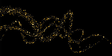 Gold glitter confetti on a black background. Serpentine. Shiny particles are scattered, sand. Decorative element. Luxury background for your design, postcards, invitations, vector