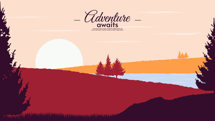 Vector illustration. Flat style landscape. Field with silhouette trees and grass. Sunset. River with hills. Design for wallpaper, background, banner, touristic card.