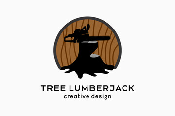 Logo design for loggers or sawmills, silhouettes of chainsaws combined with tree icons on a wood motif background