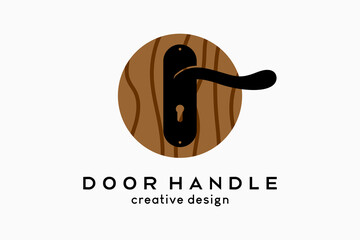Door handle logo design, door handle silhouette with creative concept in wood motif background