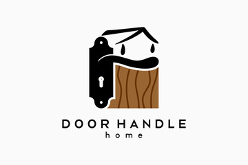 Door handle logo design, door handle silhouette combined with house icon and wood motif