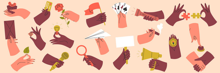 Set of colorful hands holding different objects. Different gestures. Hands with  banner, microphone, credit card, gift box, magnifier, megaphone. Colored flat graphic vector isolated illustration.