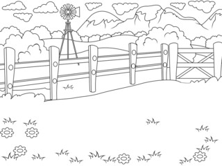 Rural landscape. Raster, page for printable children coloring book.