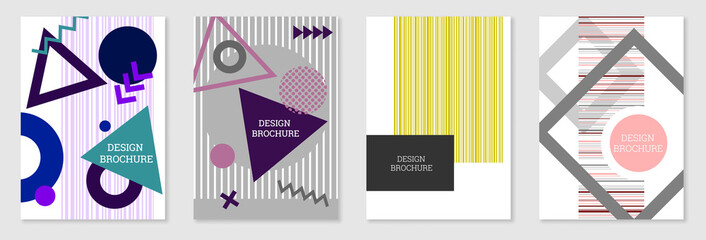 Set of cover design in Memphis style. Geometric design, abstract background. Fashionable bright cover, banner, poster, booklet. Creative colors.
