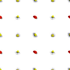 Fototapeta na wymiar Seamless pattern chamomile ladybug watercolor. Summer background of buds of white daisy flowers. Flowering plant. Hand drawn botanical illustration. Fabric design, packaging.