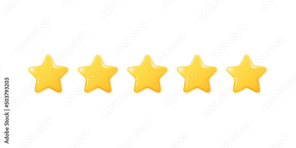 Poster five yellow 3d stars in a realistic style. shiny, glossy stars. the concept of a rating or rating fo