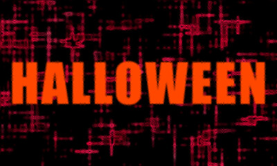 Halloween inscription in orange in an abstract background of red stripes