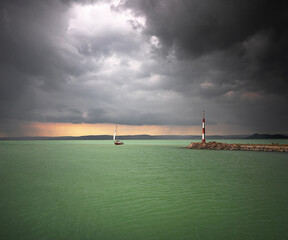 Sailboat in the storm at lake Balaton, Hungary