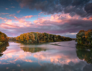 Wonderful sunset over Tisza river at Tokaj in autumn