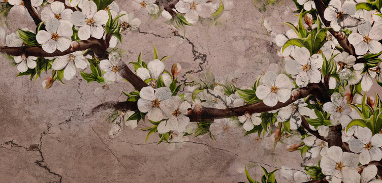 
art drawing which depicts flowers on a branch on a textured background cracked drawing photo wallpaper in the interior