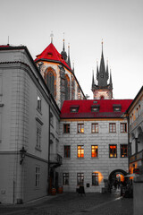 Tyn Yard, Tynsky dvur, Ungelt, Old Town, Prague, Czech Republic. View of the Tyn Church from the courtyard