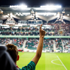 Football fan with raised hands at the stadium during his favorite team match.