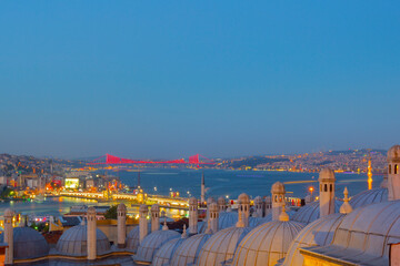 View of old Suleymaniye Bath Roofs and Bosphorus Strait