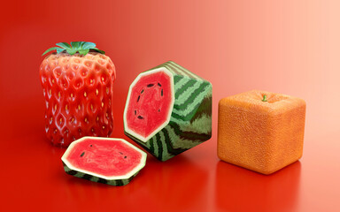3D conceptual illustration of transgenic fruit on colored background - obrazy, fototapety, plakaty