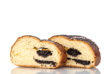 Two slices of fragrant homemade poppy seed roll, macro, isolated on a white background.