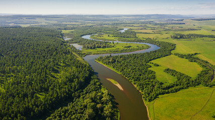 The Southern Urals, Bashkiria, the Ai River. Aerial view.