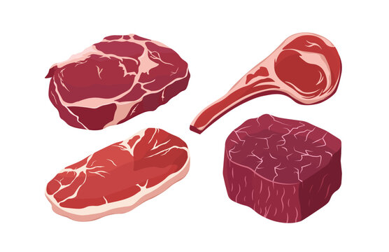 Different kinds of raw red meat vector illustrations in flat style. Beef steak, pork, filet mignon, lamb chop. Isolated collection of meats. 