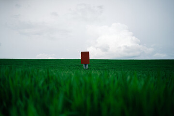 Woman with red cardboard standing in the green field against a cloudy sky on a gloomy day