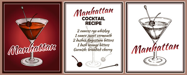 Outline drawing card of Manhattan cocktail in glass with brandied cherry isolated on red and white background. Sketch hand drawn alcohol drink. Bar menu. Beverage, cocktail recipe. Vector illustration - obrazy, fototapety, plakaty