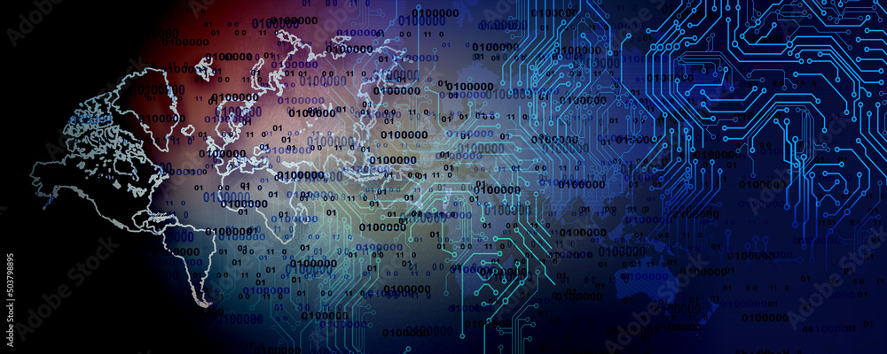 Poster illustration of a blue abstract digital background with code numbers, world map and lines