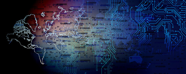 Illustration of a blue abstract digital background with code numbers, world map and lines