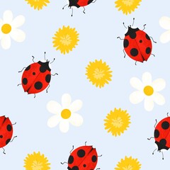 Cute seamless pattern with ladybug and flowers. Spring illustration with bug, dandelion, chamomile.