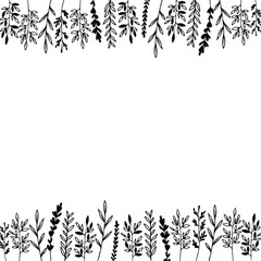 Black silhouettes of greenery, twigs highlighted on a white background. A hand-drawn sketch of twigs. Vector illustration