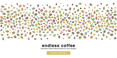 Coffee beans seamless border pattern within horizontal banner for marketing campaign, advertising, promotions. Vector banner template.