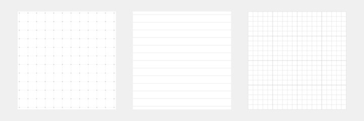 White grid background collection. Notebook dot paper. Checkered backdrop of map. Grid paper banner. Printable geometric design elements. Technical architect blank. Graph sketch. Vector illustration