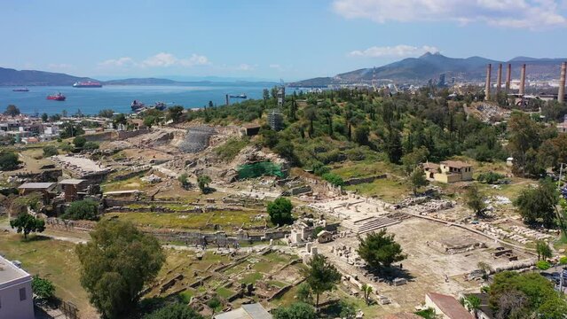 Aerial drone video of iconic archaeological site and Sanctuary of Ancient Elefsina mainly known for the Great Mysteries - the Eleusinian Mysteries, Attica, Greece