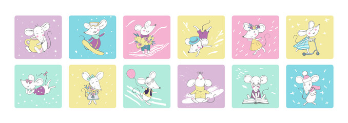 set of vector illustrations of cute mice