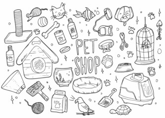 Pets shop doodle set. Collection of hand drawn sketches templates patterns of bird cages dogs food and collars cat litters and toys on transparent background. Domestic animal care illustration.