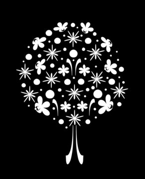 Illustration of decorative ornamental white fruit flowering tree. Single symbolic spring and summer tree with trunk is in black isolated background.