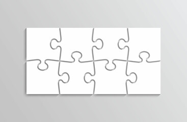 Thinking puzzle game. 8 pieces jigsaw outline grid. Thinking game with separate shapes. Simple mosaic layout. Modern puzzle background. Laser cut frame. Vector illustration.