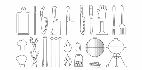 Barbecue, grill tools outline set. Editable stroke. Vector stock illustration isolated on white background for design packaging, logo, menu in restaurant. 
