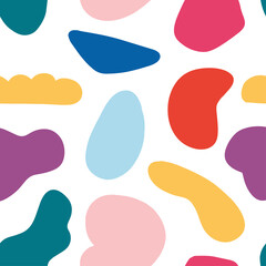 Colorful doodle objects of various shapes and spots seamless pattern on white background