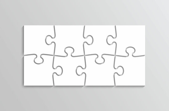 Thinking puzzle game. 8 pieces jigsaw outline grid. Thinking game with separate shapes. Simple mosaic layout. Modern puzzle background. Laser cut frame. Vector illustration.