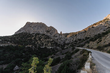 View of Sokol Mountain near town of Sudak in Crimea on Black Sea coast in summer