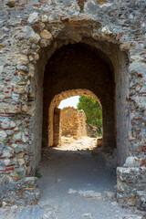 Stone ruins buildings at mystras town, Peloponnese, Greece