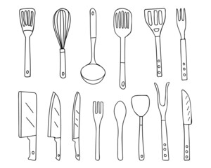 Cutlery set in vector. Hand drawn cutlery collection in vector. Doodle cultery set in vector. Eating utensils set.